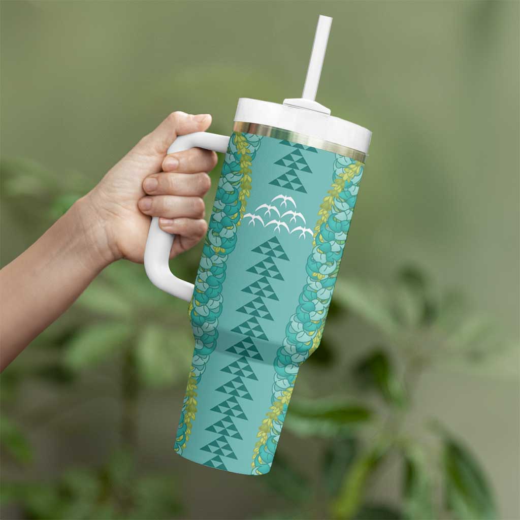 Teal Palaka Hawaii Iwa Bird Tumbler With Handle Hawaiian Kakau Jade Vine Lei LT14 - Polynesian Pride