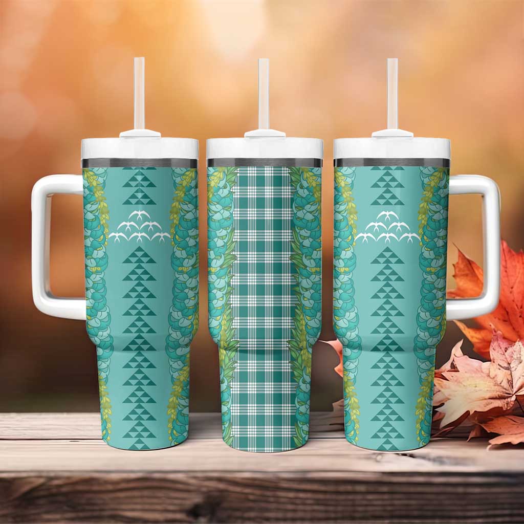 Teal Palaka Hawaii Iwa Bird Tumbler With Handle Hawaiian Kakau Jade Vine Lei LT14 - Polynesian Pride
