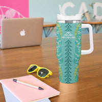Teal Palaka Hawaii Iwa Bird Tumbler With Handle Hawaiian Kakau Jade Vine Lei LT14 - Polynesian Pride