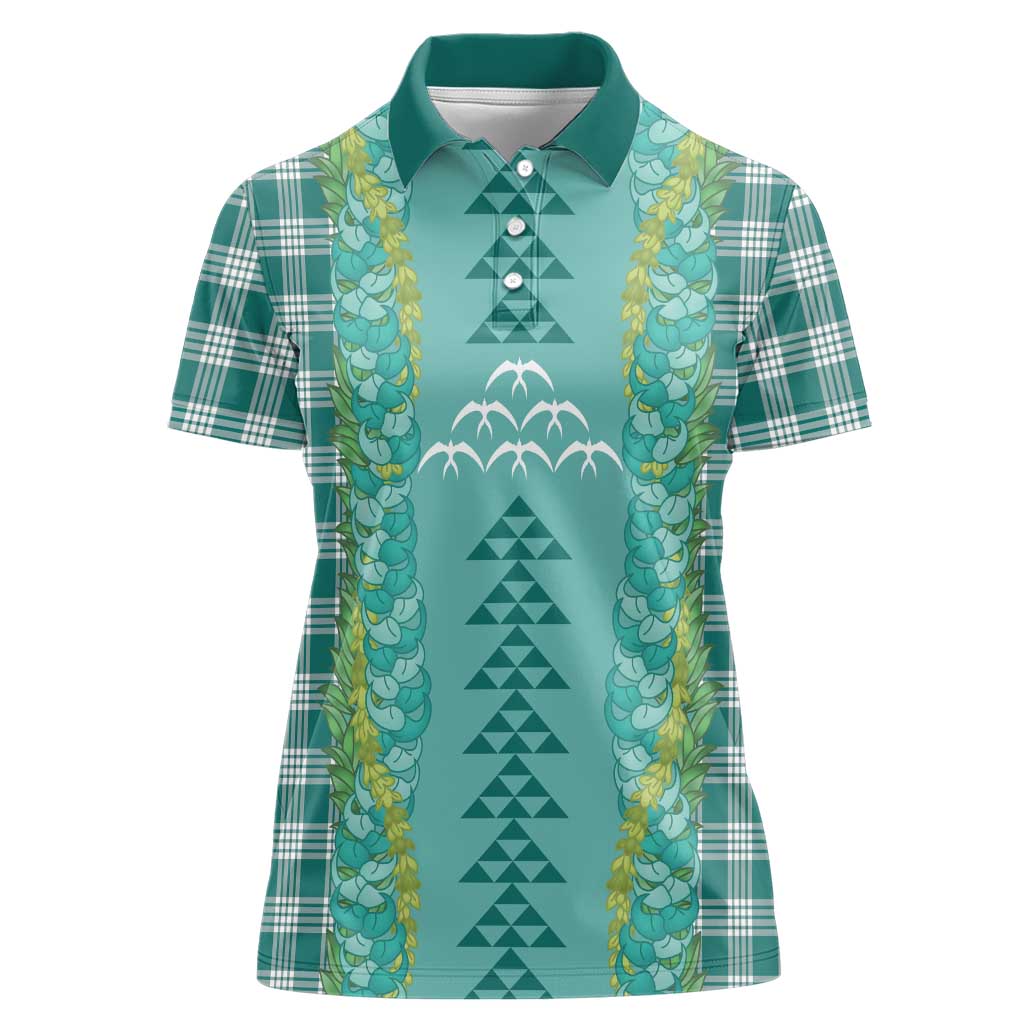 Teal Palaka Hawaii Iwa Bird Women Polo Shirt Hawaiian Kakau Jade Vine Lei - Polynesian Pride
