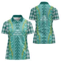 Teal Palaka Hawaii Iwa Bird Women Polo Shirt Hawaiian Kakau Jade Vine Lei - Polynesian Pride