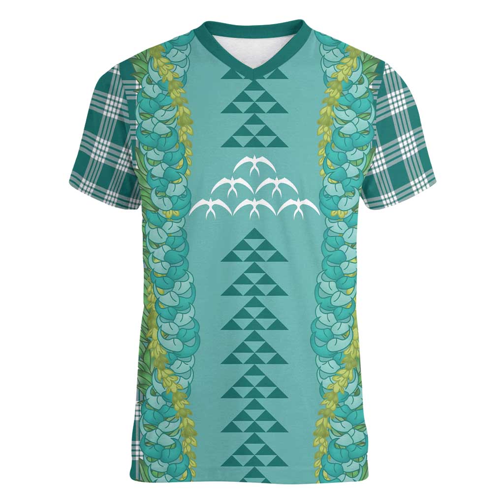 Teal Palaka Hawaii Iwa Bird Women V-Neck T-Shirt Hawaiian Kakau Jade Vine Lei - Polynesian Pride