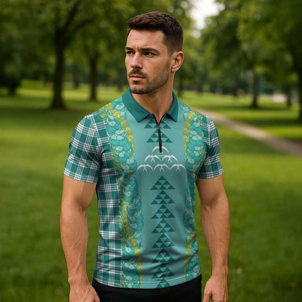 Teal Palaka Hawaii Iwa Bird Zipper Polo Shirt Hawaiian Kakau Jade Vine Lei - Polynesian Pride