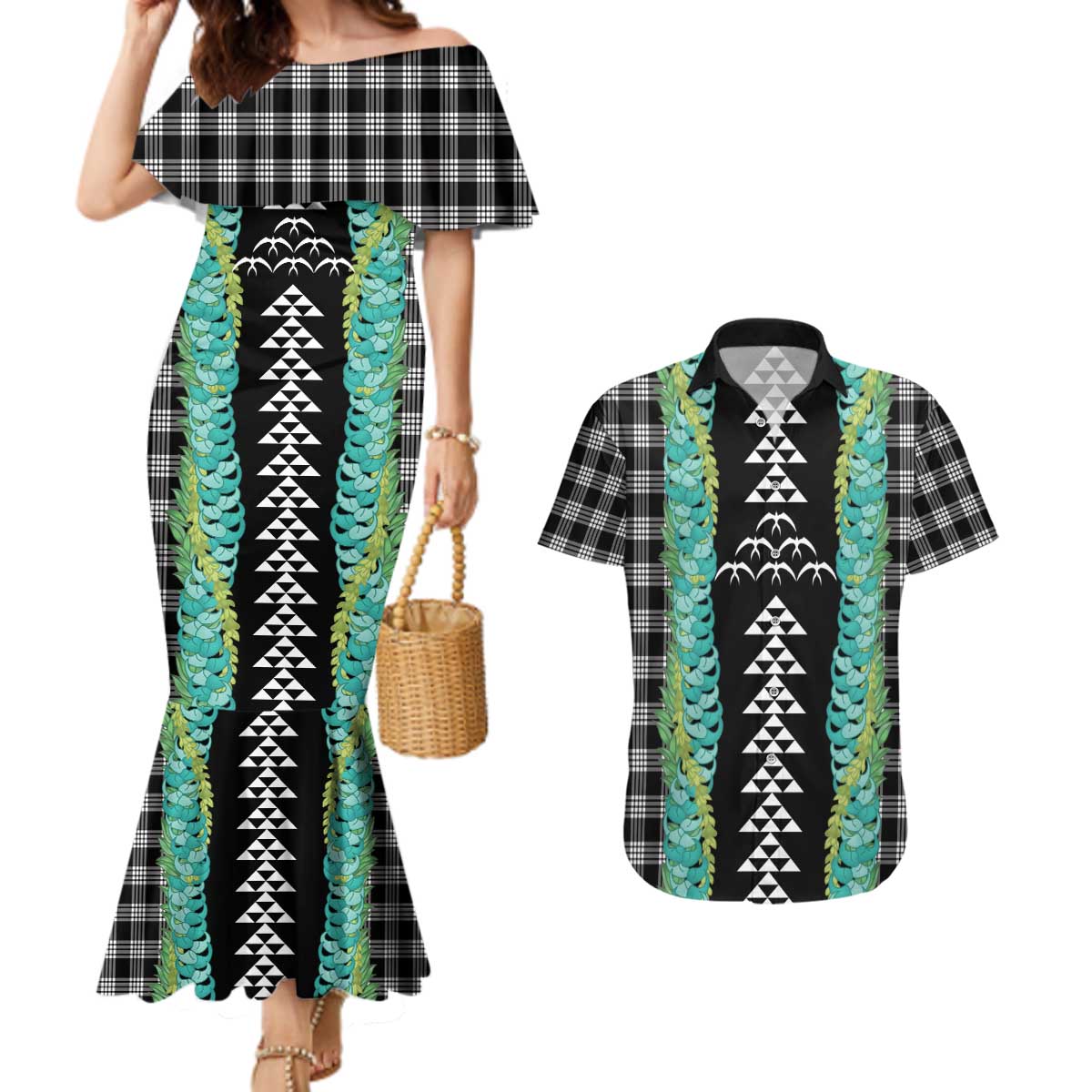 Black Palaka Hawaii Iwa Bird Couples Matching Mermaid Dress and Hawaiian Shirt Hawaiian Kakau Jade Vine Lei LT14 Black - Polynesian Pride