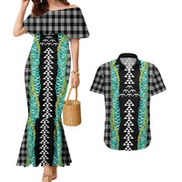 Black Palaka Hawaii Iwa Bird Couples Matching Mermaid Dress and Hawaiian Shirt Hawaiian Kakau Jade Vine Lei LT14 Black - Polynesian Pride