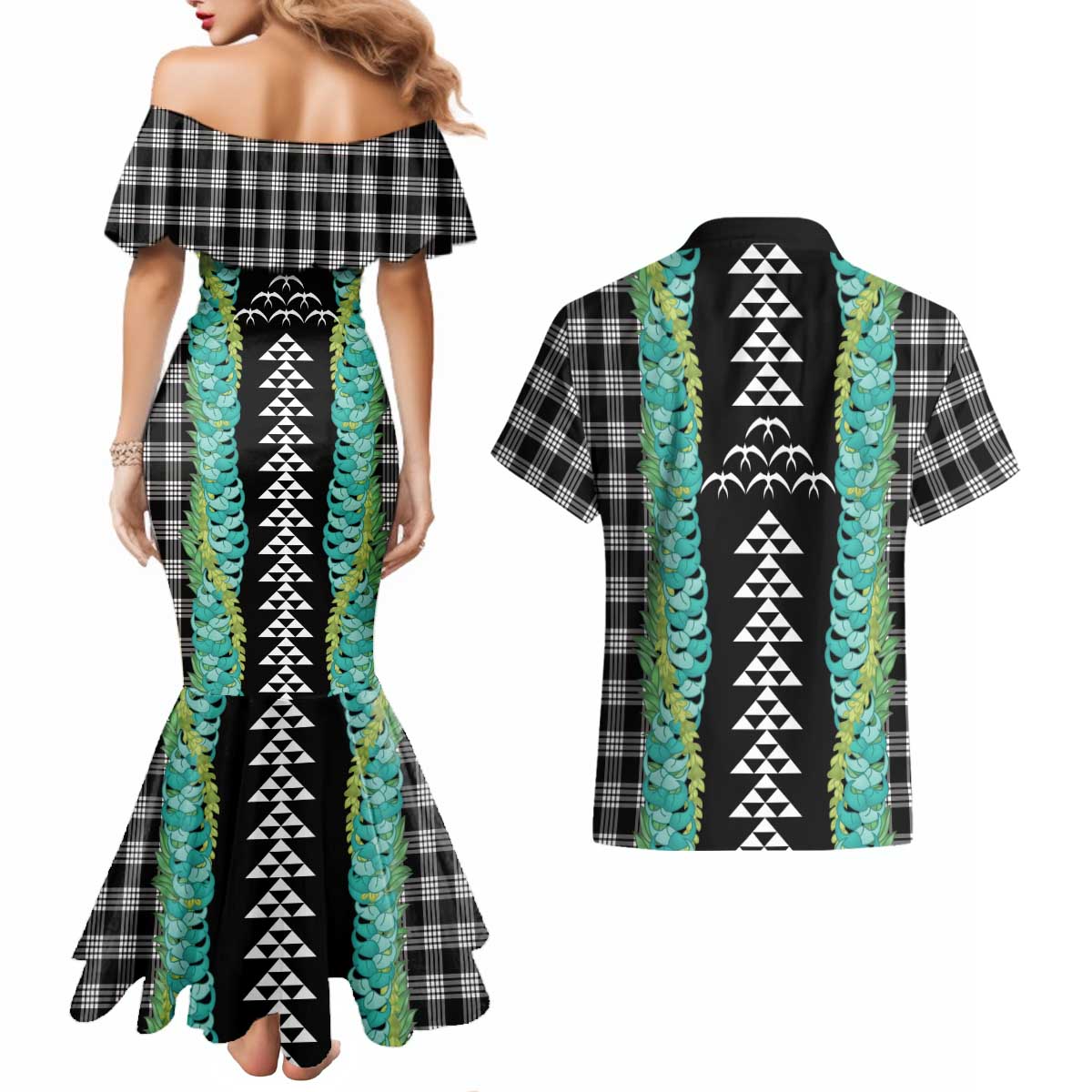 Black Palaka Hawaii Iwa Bird Couples Matching Mermaid Dress and Hawaiian Shirt Hawaiian Kakau Jade Vine Lei LT14 - Polynesian Pride