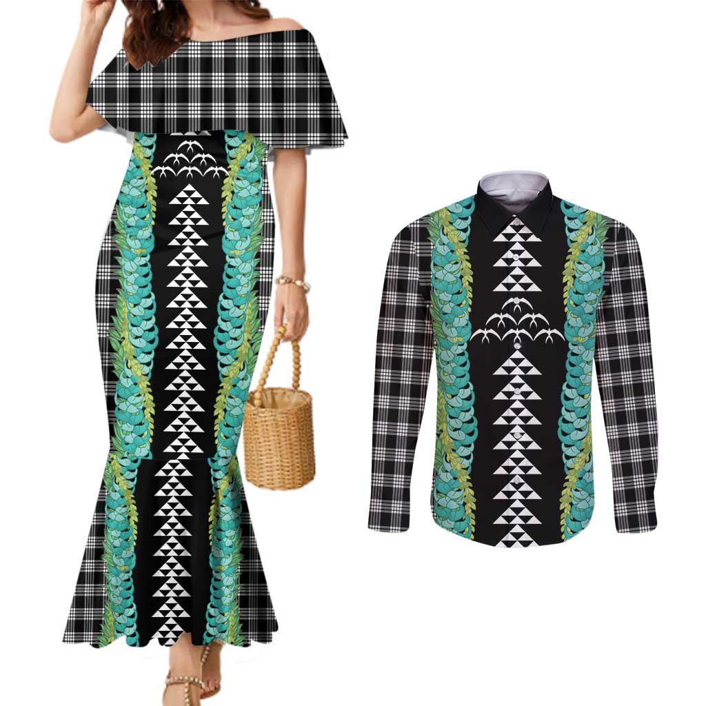 Black Palaka Hawaii Iwa Bird Couples Matching Mermaid Dress and Long Sleeve Button Shirt Hawaiian Kakau Jade Vine Lei - Polynesian Pride