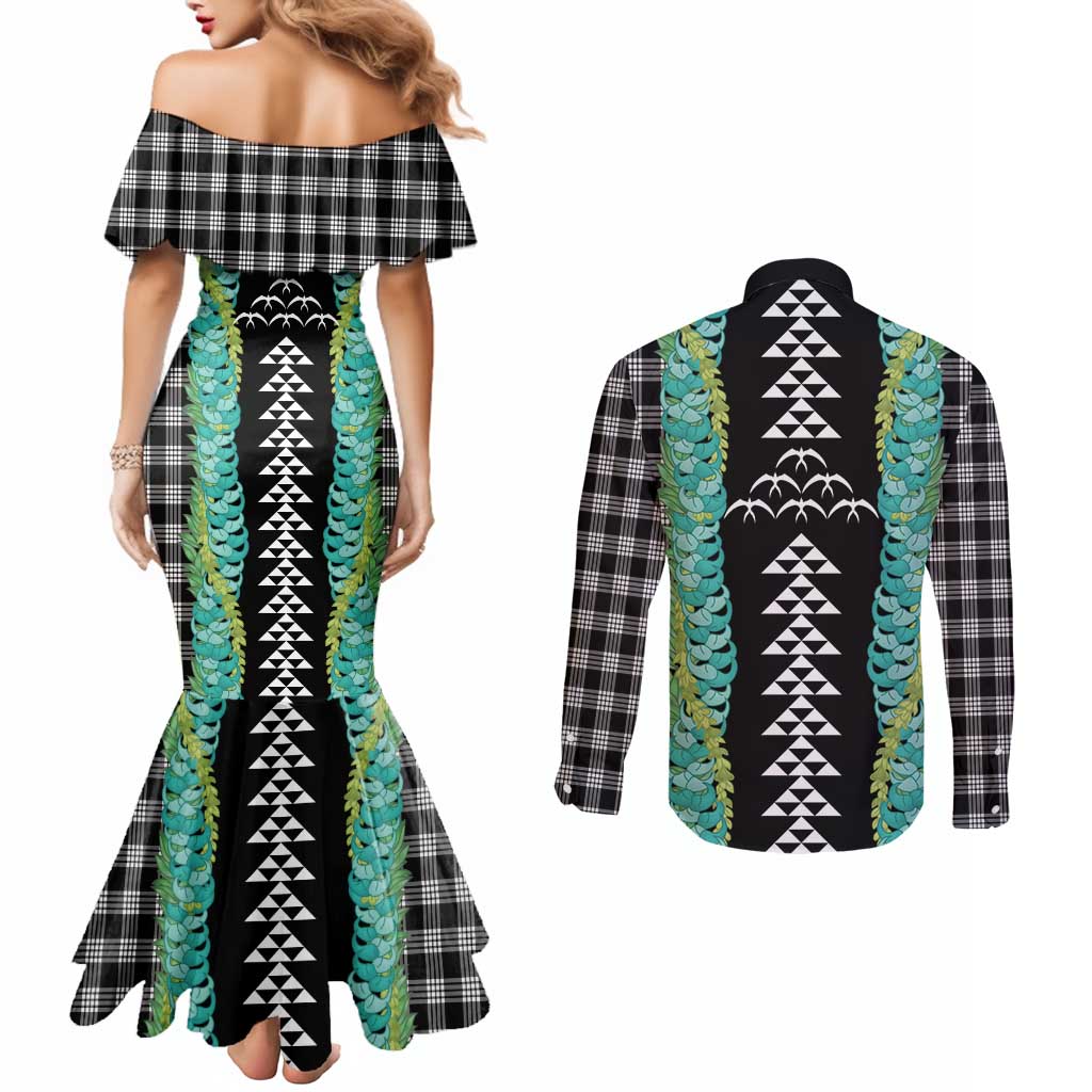 Black Palaka Hawaii Iwa Bird Couples Matching Mermaid Dress and Long Sleeve Button Shirt Hawaiian Kakau Jade Vine Lei - Polynesian Pride