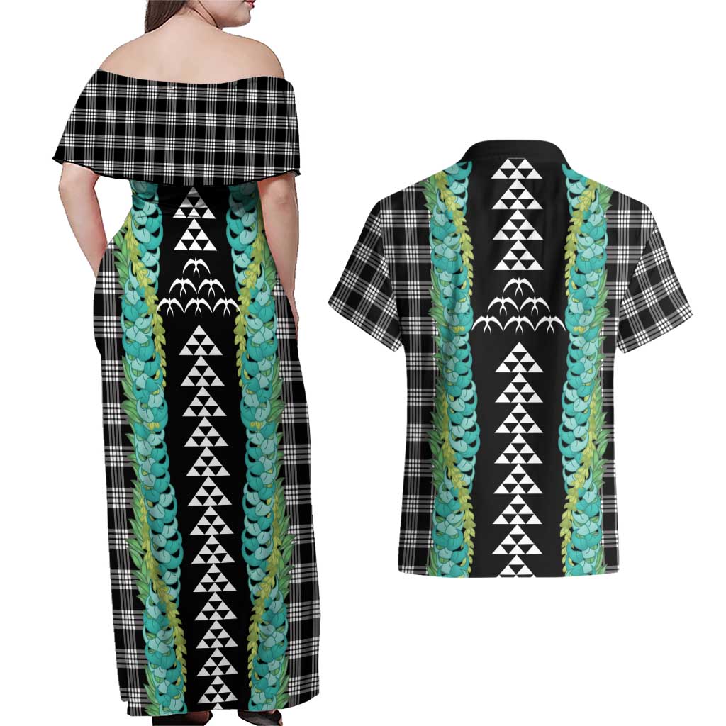Black Palaka Hawaii Iwa Bird Couples Matching Off Shoulder Maxi Dress and Hawaiian Shirt Hawaiian Kakau Jade Vine Lei - Polynesian Pride