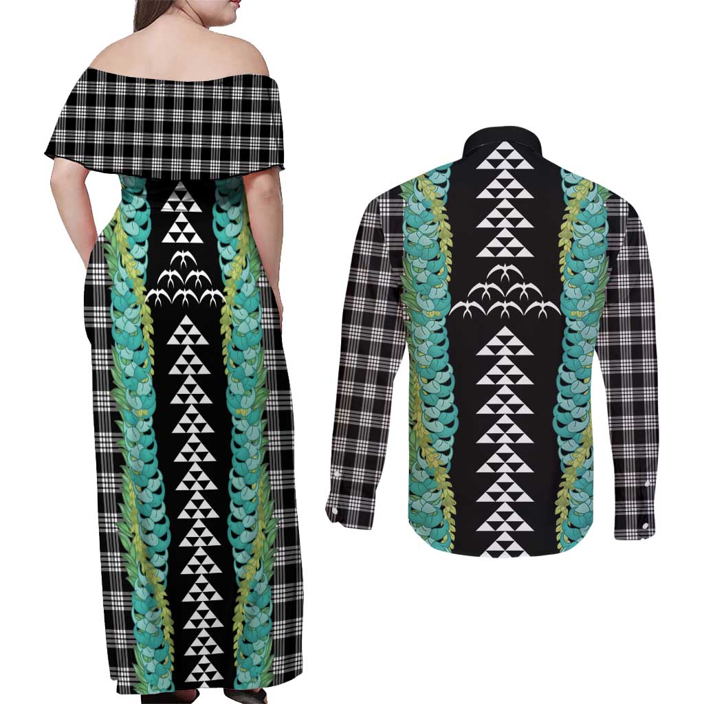 Black Palaka Hawaii Iwa Bird Couples Matching Off Shoulder Maxi Dress and Long Sleeve Button Shirt Hawaiian Kakau Jade Vine Lei - Polynesian Pride