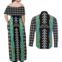 Black Palaka Hawaii Iwa Bird Couples Matching Off Shoulder Maxi Dress and Long Sleeve Button Shirt Hawaiian Kakau Jade Vine Lei - Polynesian Pride