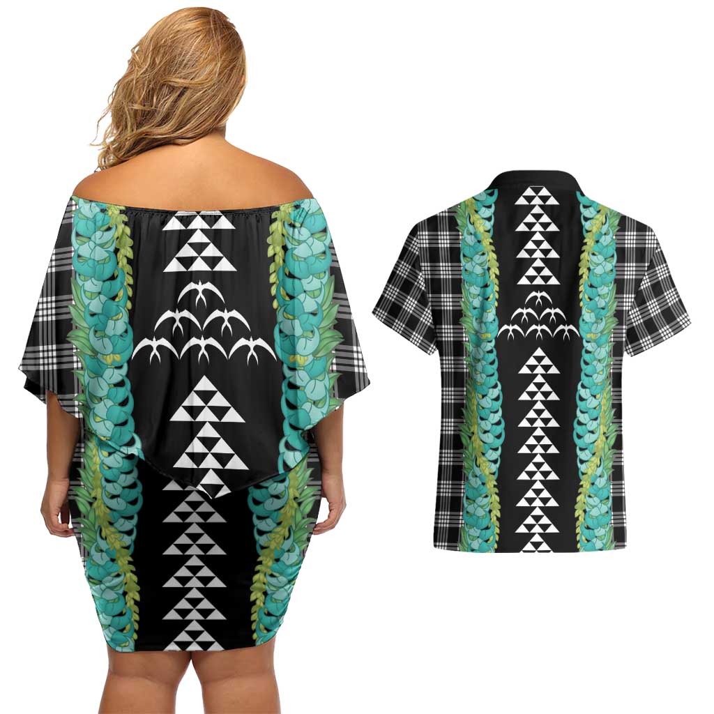 Black Palaka Hawaii Iwa Bird Couples Matching Off Shoulder Short Dress and Hawaiian Shirt Hawaiian Kakau Jade Vine Lei - Polynesian Pride