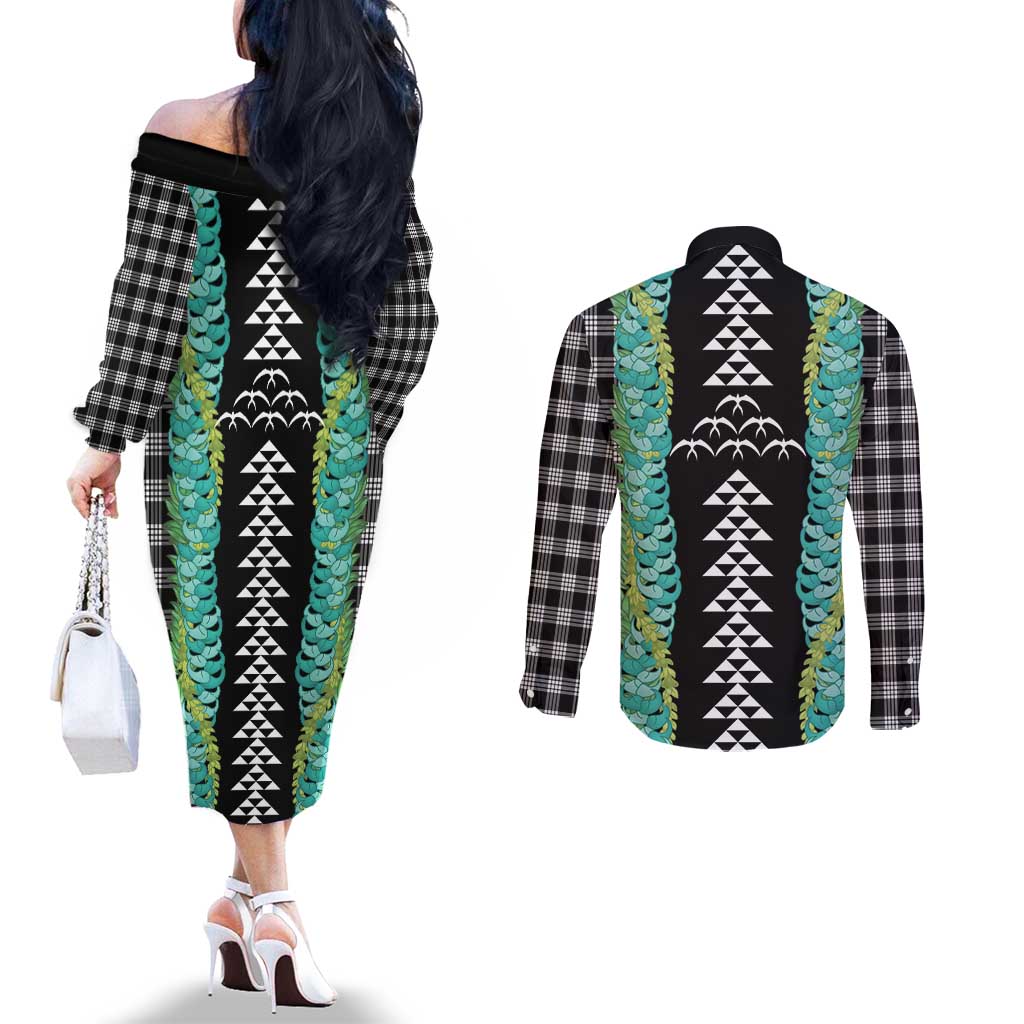 Black Palaka Hawaii Iwa Bird Couples Matching Off The Shoulder Long Sleeve Dress and Long Sleeve Button Shirt Hawaiian Kakau Jade Vine Lei - Polynesian Pride