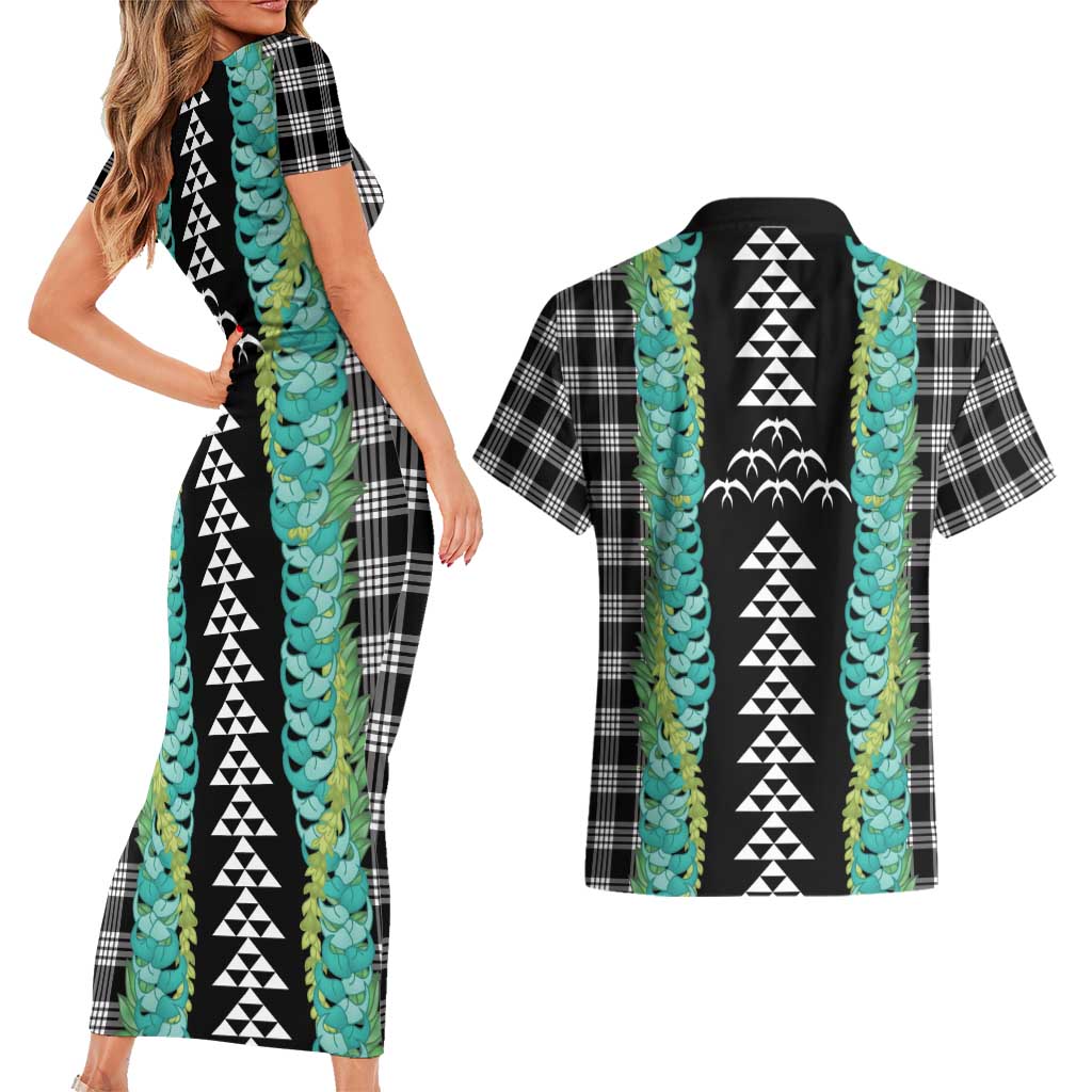 Black Palaka Hawaii Iwa Bird Couples Matching Short Sleeve Bodycon Dress and Hawaiian Shirt Hawaiian Kakau Jade Vine Lei - Polynesian Pride