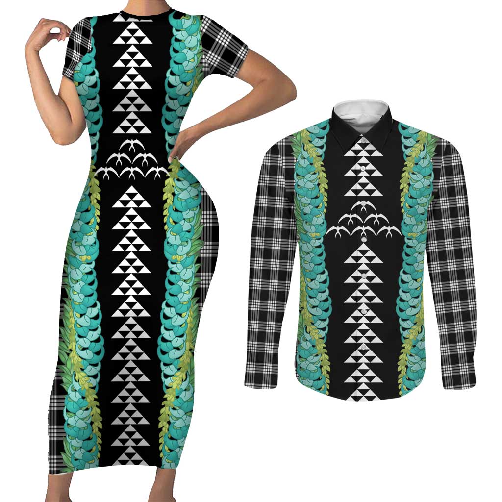 Black Palaka Hawaii Iwa Bird Couples Matching Short Sleeve Bodycon Dress and Long Sleeve Button Shirt Hawaiian Kakau Jade Vine Lei LT14 Black - Polynesian Pride