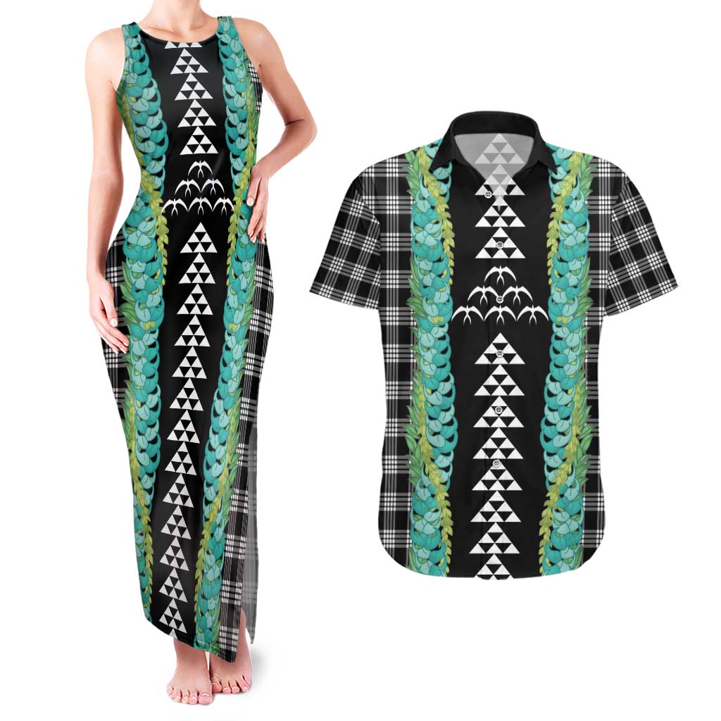 Black Palaka Hawaii Iwa Bird Couples Matching Tank Maxi Dress and Hawaiian Shirt Hawaiian Kakau Jade Vine Lei - Polynesian Pride
