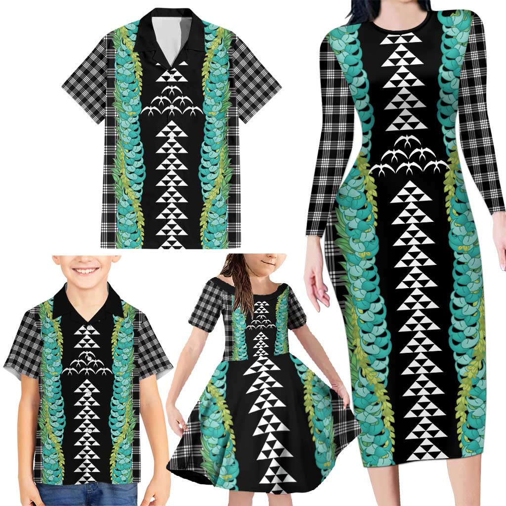 Black Palaka Hawaii Iwa Bird Family Matching Long Sleeve Bodycon Dress and Hawaiian Shirt Hawaiian Kakau Jade Vine Lei - Polynesian Pride