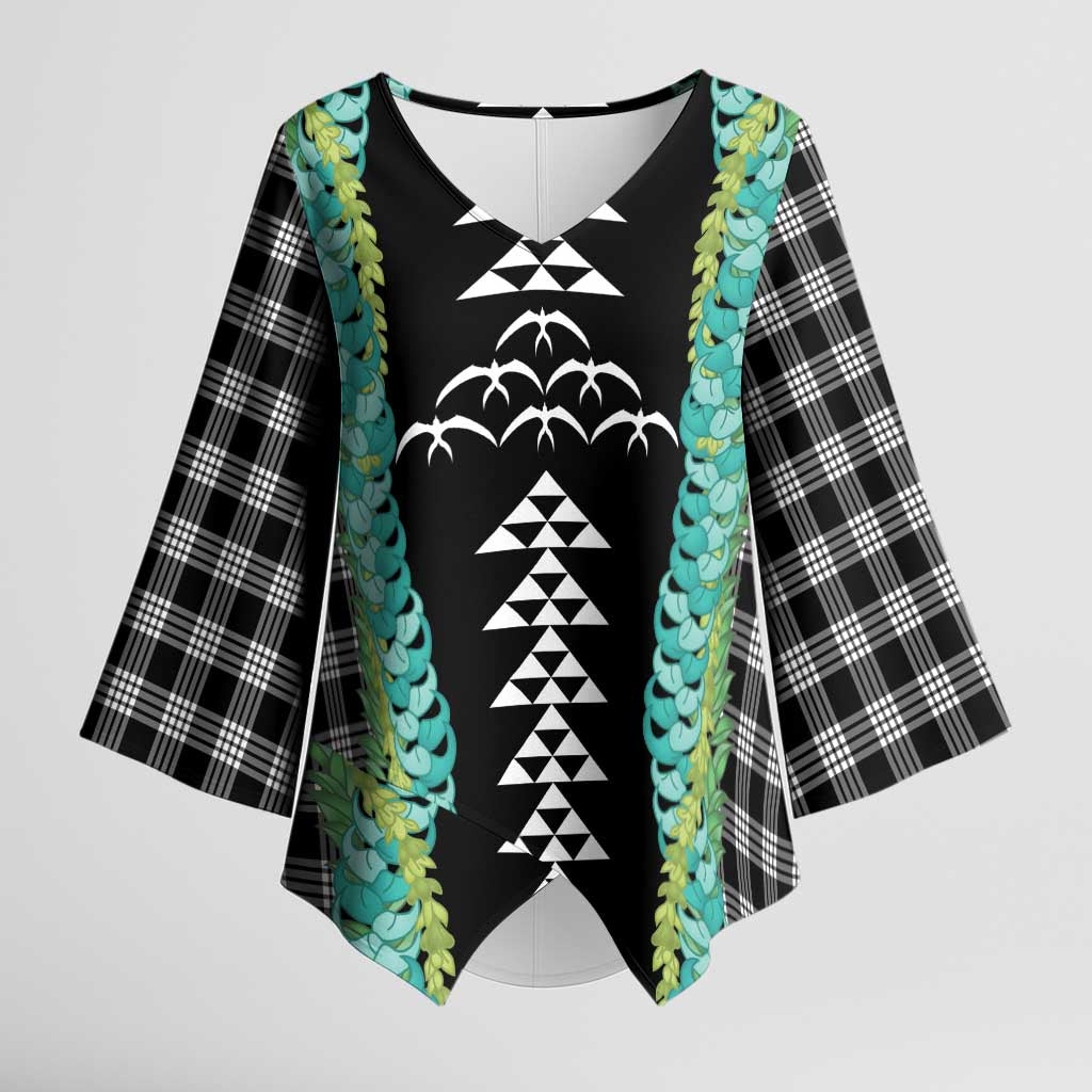 Black Palaka Hawaii Iwa Bird Kimono Sleeve Blouse Hawaiian Kakau Jade Vine Lei LT14 Female Black - Polynesian Pride