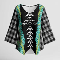 Black Palaka Hawaii Iwa Bird Kimono Sleeve Blouse Hawaiian Kakau Jade Vine Lei LT14 Female Black - Polynesian Pride