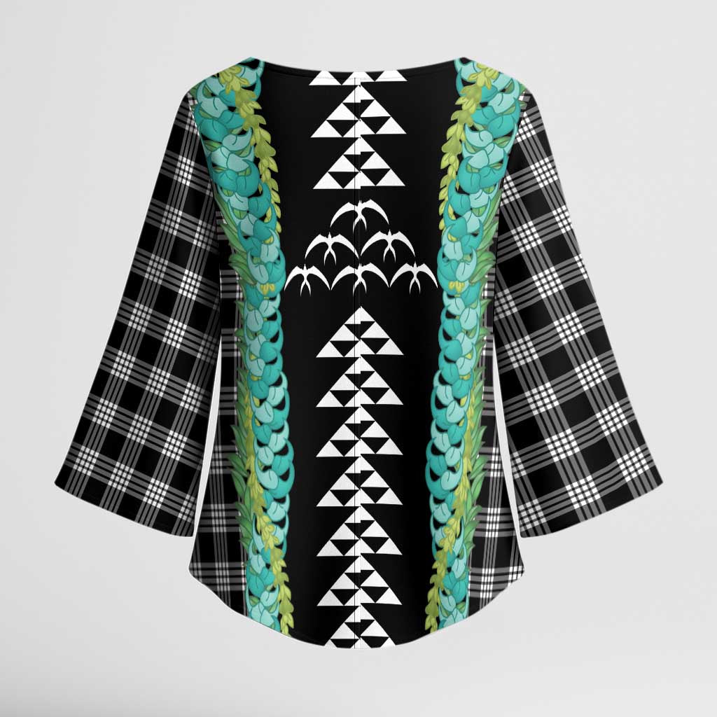 Black Palaka Hawaii Iwa Bird Kimono Sleeve Blouse Hawaiian Kakau Jade Vine Lei LT14 - Polynesian Pride