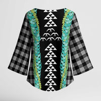 Black Palaka Hawaii Iwa Bird Kimono Sleeve Blouse Hawaiian Kakau Jade Vine Lei LT14 - Polynesian Pride