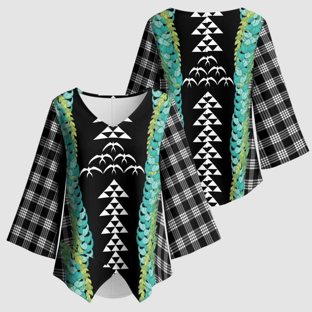 Black Palaka Hawaii Iwa Bird Kimono Sleeve Blouse Hawaiian Kakau Jade Vine Lei LT14 - Polynesian Pride