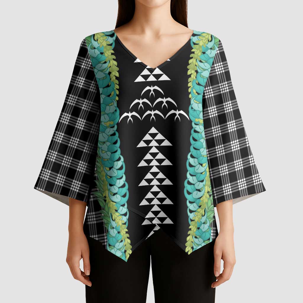 Black Palaka Hawaii Iwa Bird Kimono Sleeve Blouse Hawaiian Kakau Jade Vine Lei LT14 - Polynesian Pride