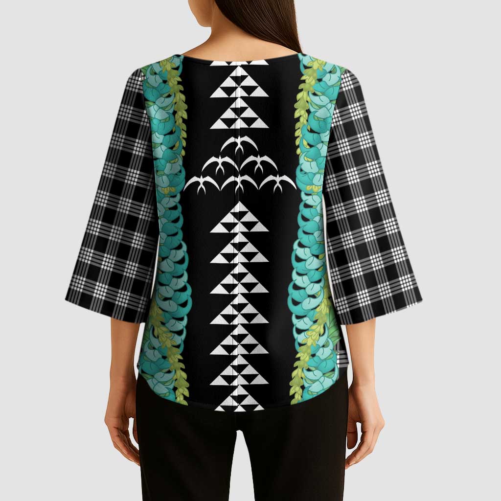 Black Palaka Hawaii Iwa Bird Kimono Sleeve Blouse Hawaiian Kakau Jade Vine Lei LT14 - Polynesian Pride