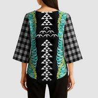 Black Palaka Hawaii Iwa Bird Kimono Sleeve Blouse Hawaiian Kakau Jade Vine Lei LT14 - Polynesian Pride