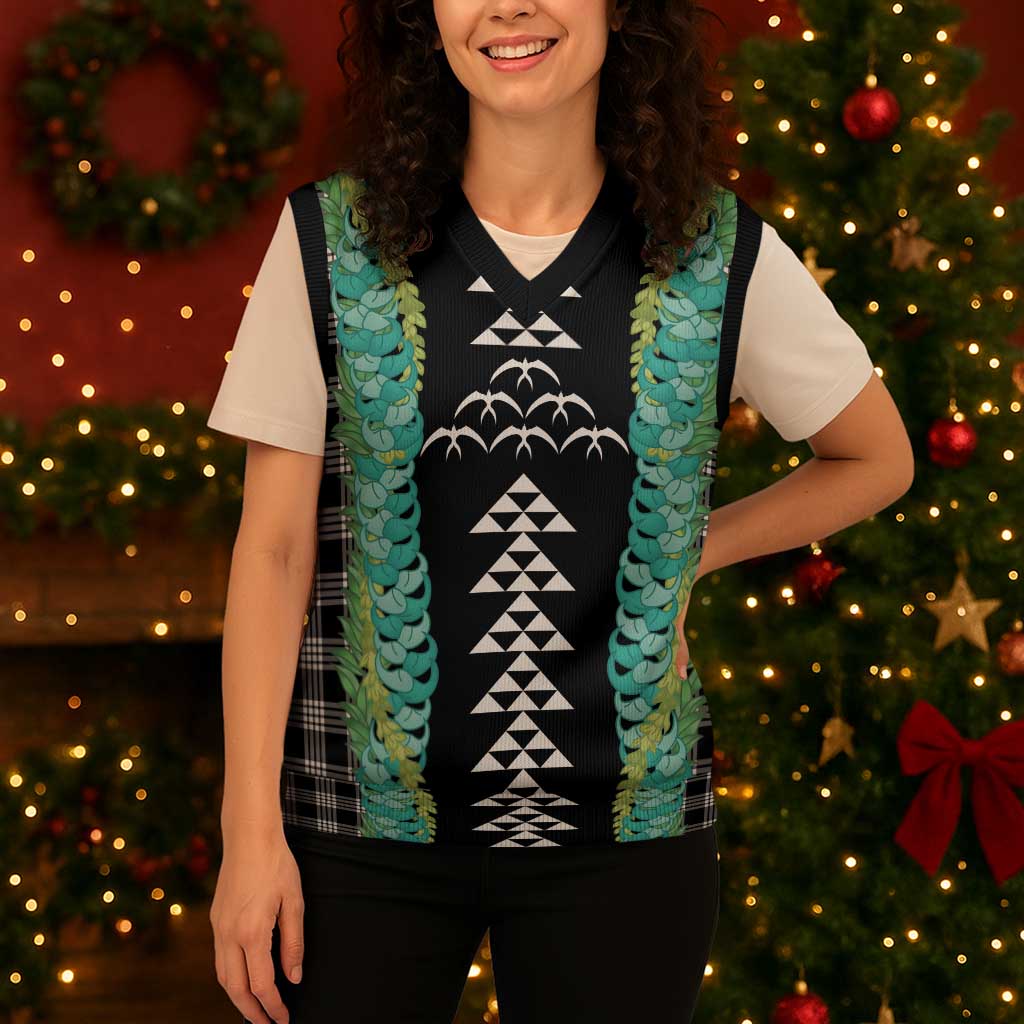 Black Palaka Hawaii Iwa Bird Christmas Knitted V-Neck Vest Hawaiian Kakau Jade Vine Lei LT14 - Polynesian Pride