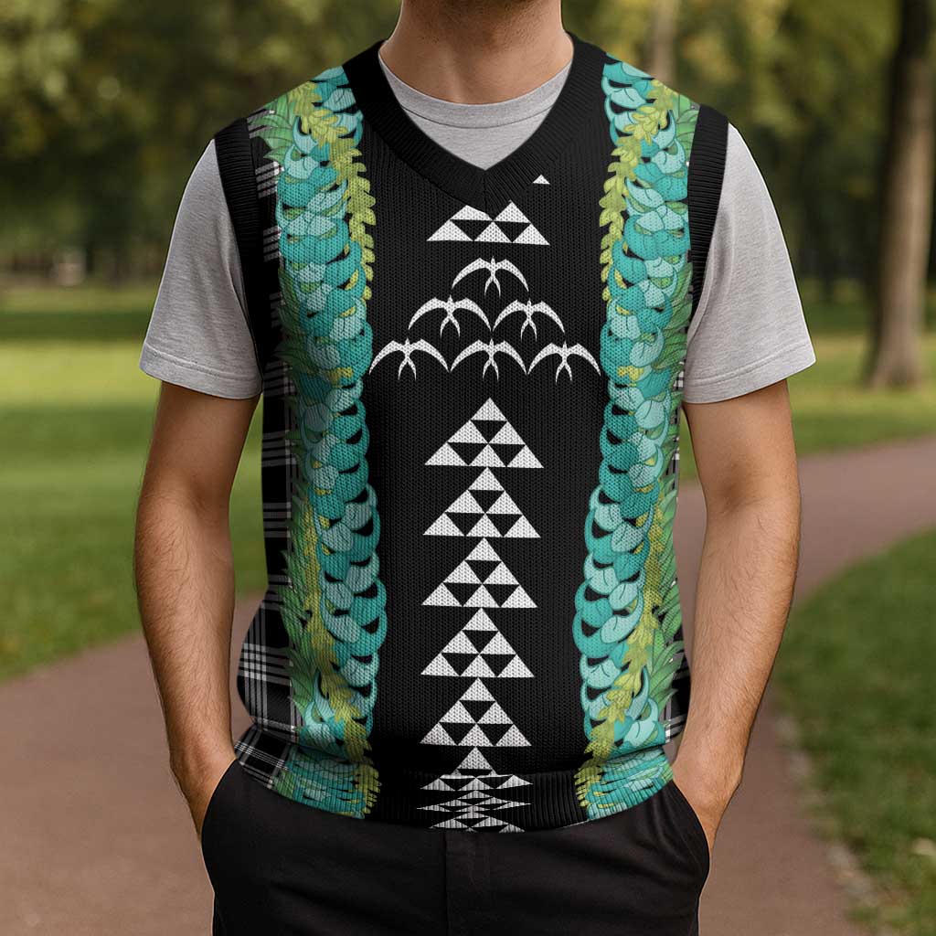 Black Palaka Hawaii Iwa Bird Christmas Knitted V-Neck Vest Hawaiian Kakau Jade Vine Lei LT14 - Polynesian Pride