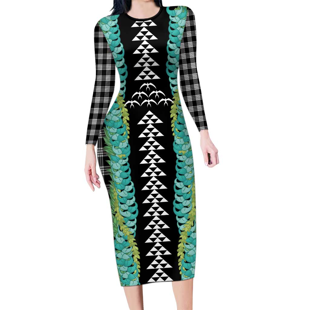 Black Palaka Hawaii Iwa Bird Long Sleeve Bodycon Dress Hawaiian Kakau Jade Vine Lei LT14 Long Dress Black - Polynesian Pride