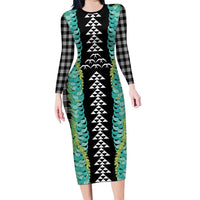 Black Palaka Hawaii Iwa Bird Long Sleeve Bodycon Dress Hawaiian Kakau Jade Vine Lei LT14 Long Dress Black - Polynesian Pride