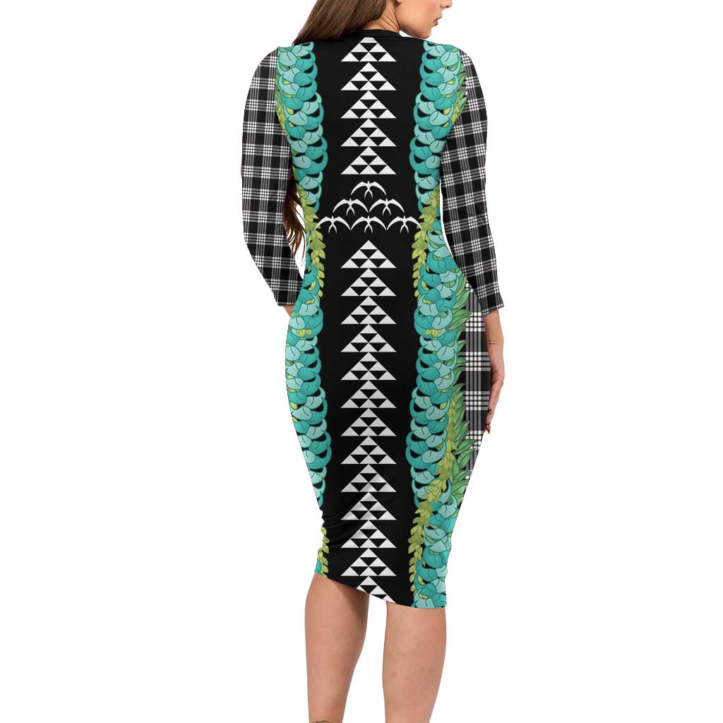 Black Palaka Hawaii Iwa Bird Long Sleeve Bodycon Dress Hawaiian Kakau Jade Vine Lei LT14 - Polynesian Pride