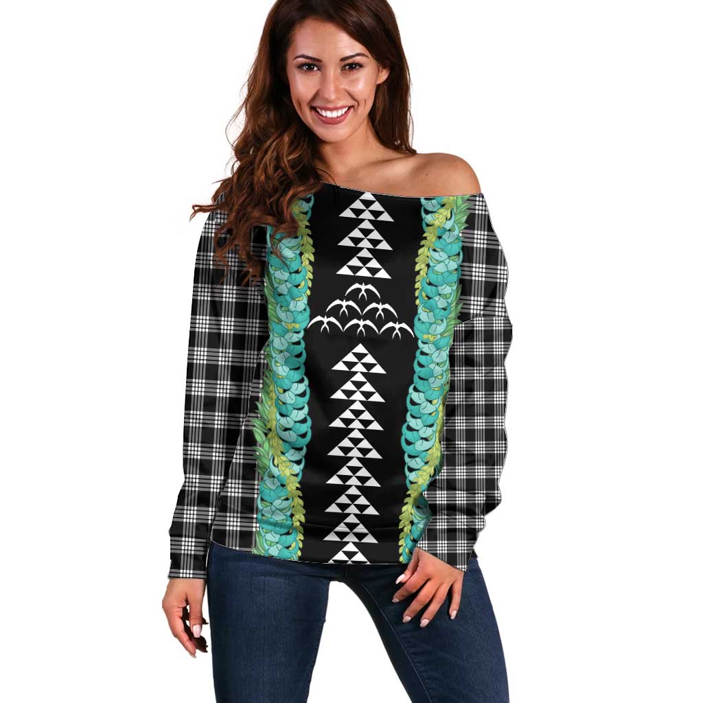 Black Palaka Hawaii Iwa Bird Off Shoulder Sweater Hawaiian Kakau Jade Vine Lei LT14 Women Black - Polynesian Pride