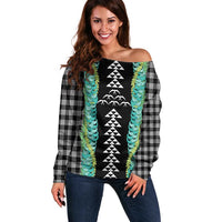 Black Palaka Hawaii Iwa Bird Off Shoulder Sweater Hawaiian Kakau Jade Vine Lei LT14 Women Black - Polynesian Pride