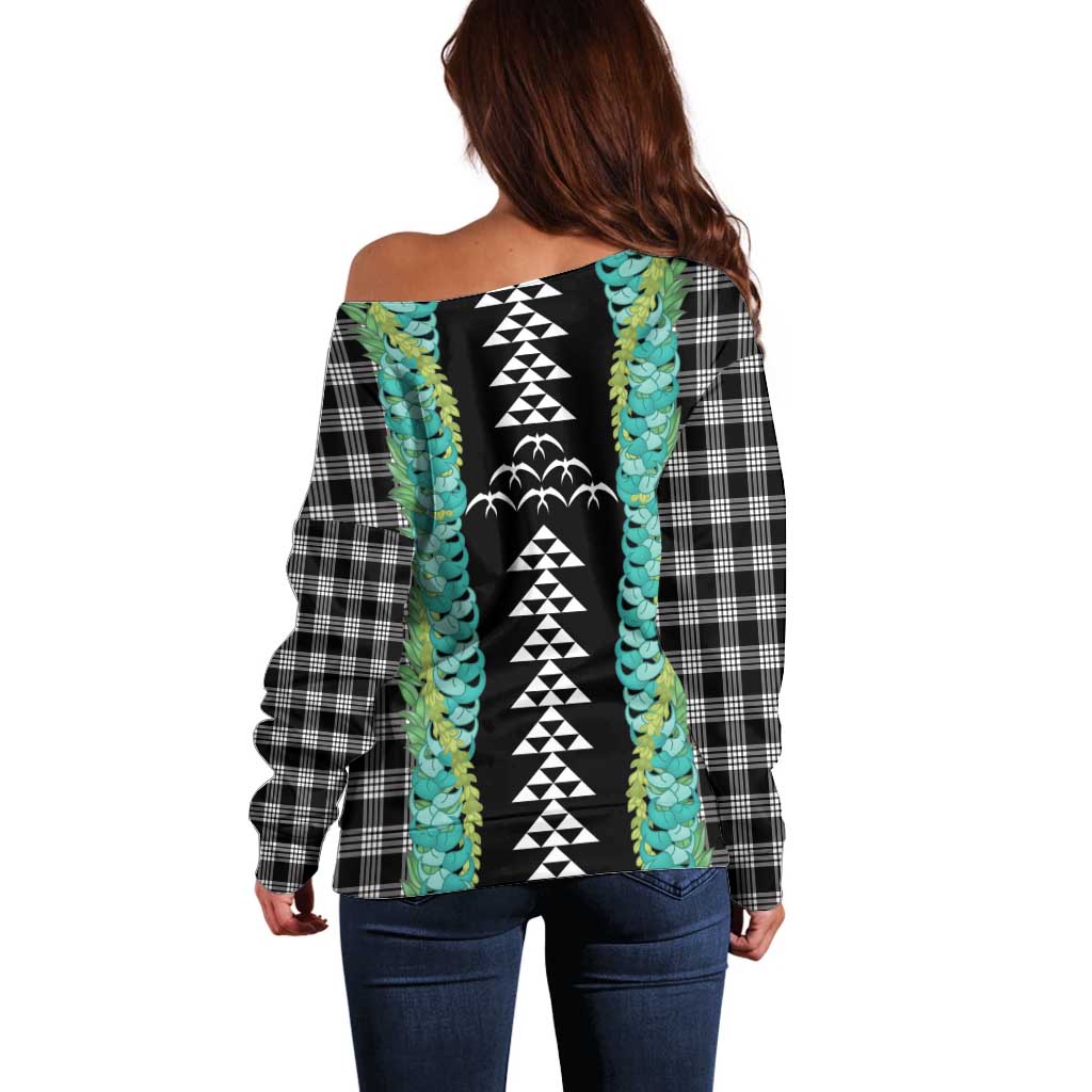Black Palaka Hawaii Iwa Bird Off Shoulder Sweater Hawaiian Kakau Jade Vine Lei LT14 - Polynesian Pride