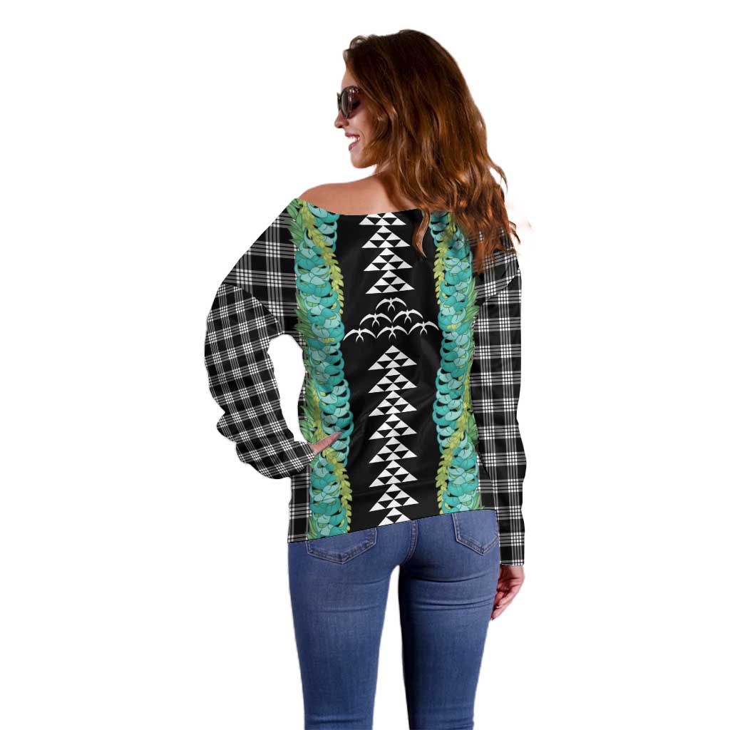 Black Palaka Hawaii Iwa Bird Off Shoulder Sweater Hawaiian Kakau Jade Vine Lei LT14 - Polynesian Pride