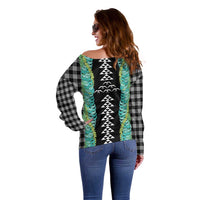 Black Palaka Hawaii Iwa Bird Off Shoulder Sweater Hawaiian Kakau Jade Vine Lei LT14 - Polynesian Pride