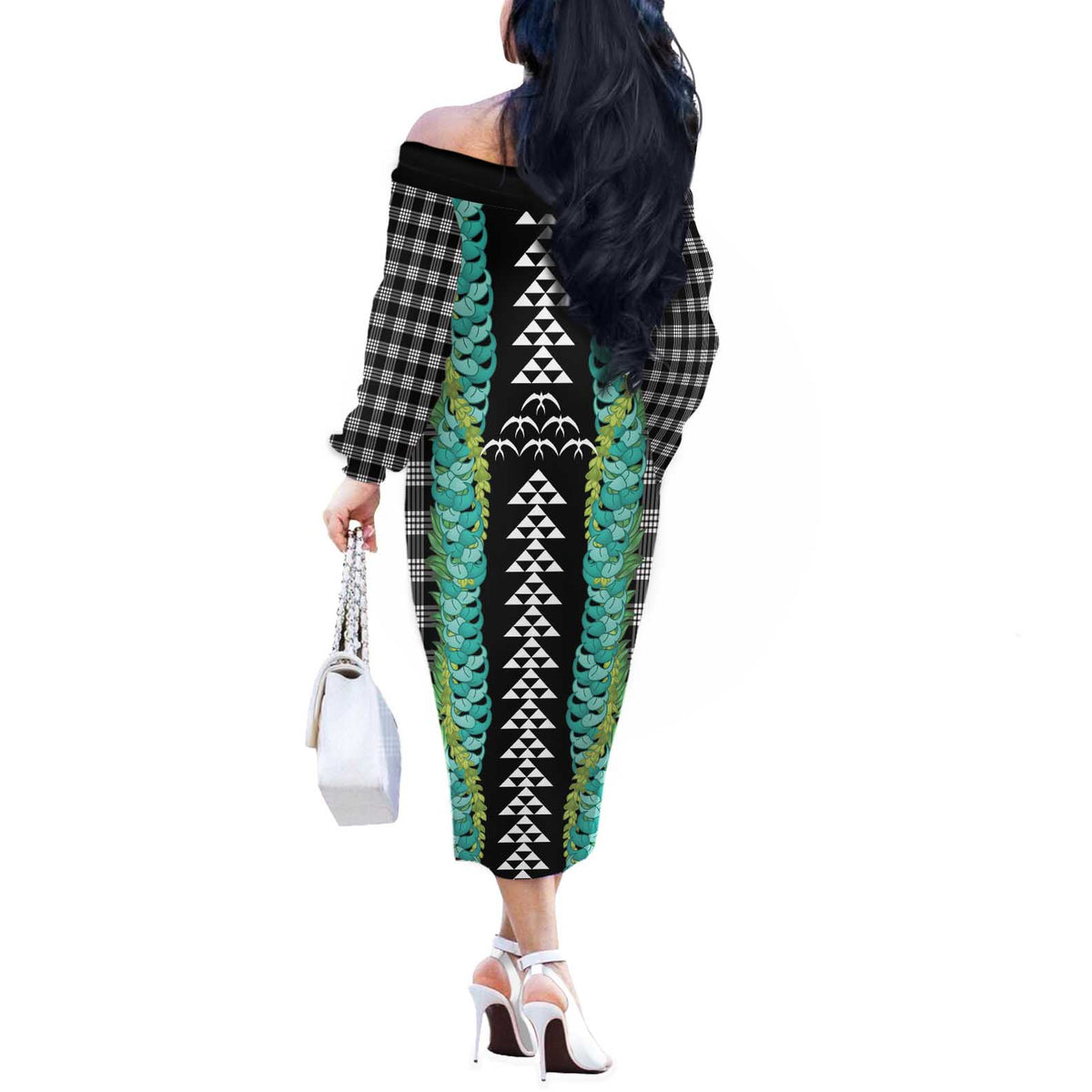 Black Palaka Hawaii Iwa Bird Off The Shoulder Long Sleeve Dress Hawaiian Kakau Jade Vine Lei - Polynesian Pride