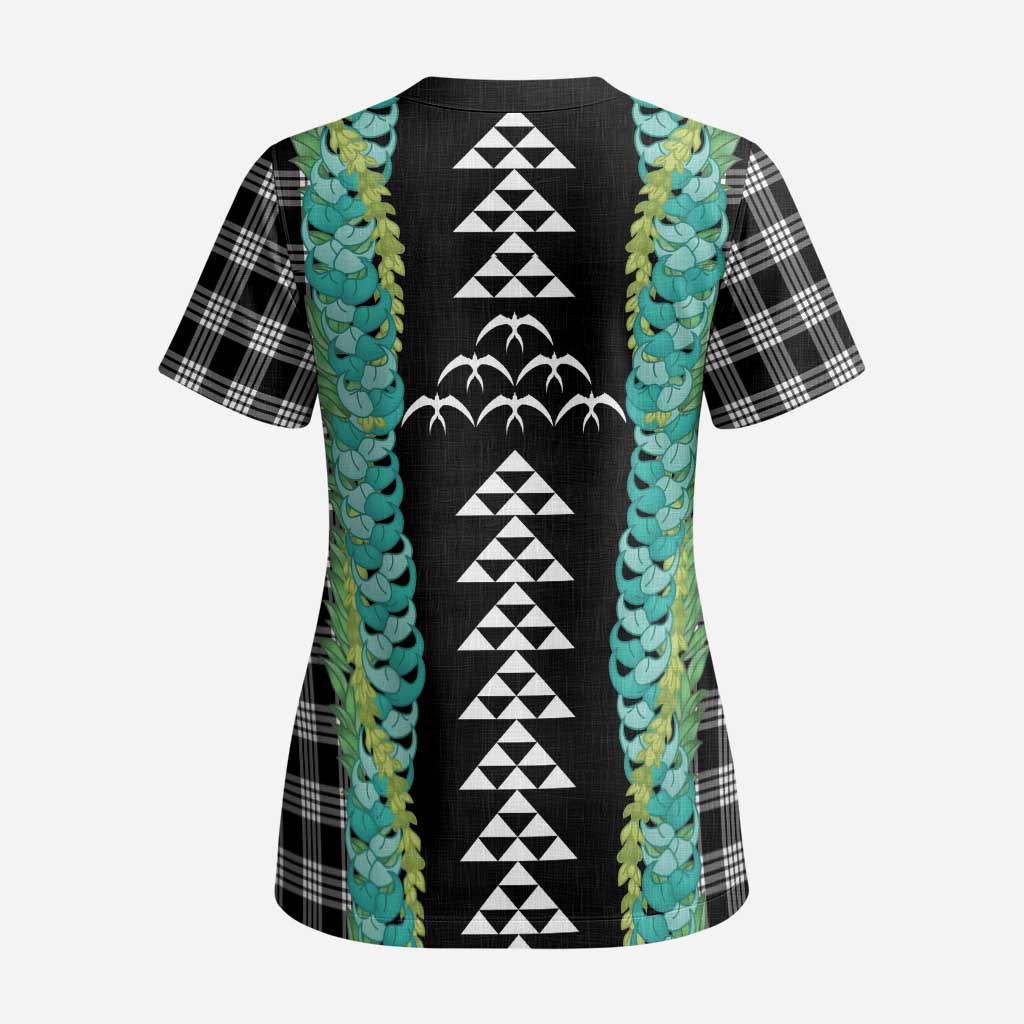 Black Palaka Hawaii Iwa Bird Scrub Top Hawaiian Kakau Jade Vine Lei - Polynesian Pride