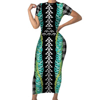 Black Palaka Hawaii Iwa Bird Short Sleeve Bodycon Dress Hawaiian Kakau Jade Vine Lei LT14 Long Dress Black - Polynesian Pride