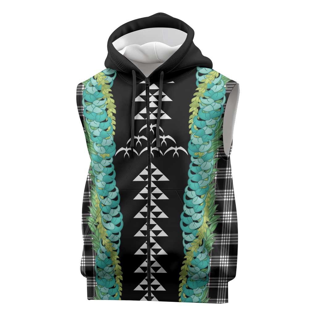 Black Palaka Hawaii Iwa Bird Sleeveless Zip Hoodie Hawaiian Kakau Jade Vine Lei - Polynesian Pride
