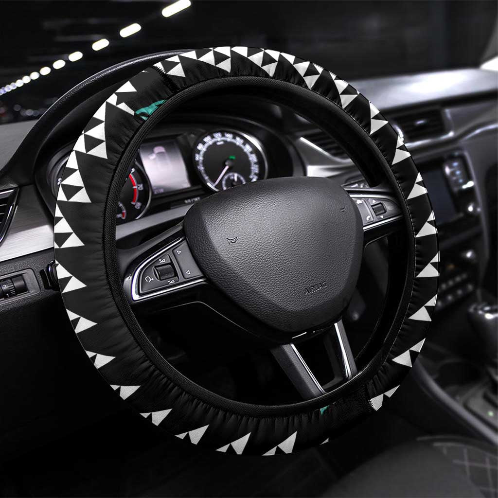 Black Palaka Hawaii Iwa Bird Steering Wheel Cover Hawaiian Kakau Jade Vine Lei LT14 Universal Fit Black - Polynesian Pride