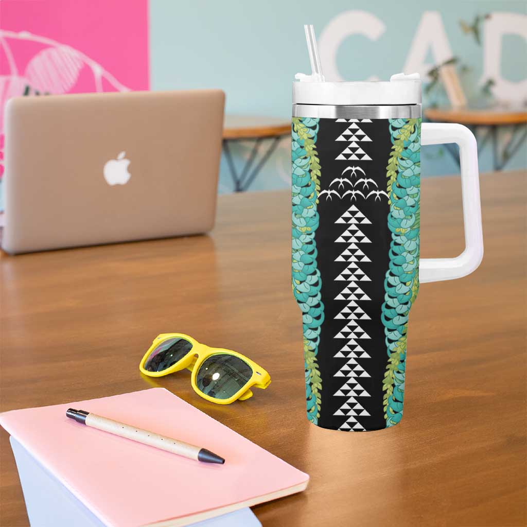 Black Palaka Hawaii Iwa Bird Tumbler With Handle Hawaiian Kakau Jade Vine Lei LT14 - Polynesian Pride