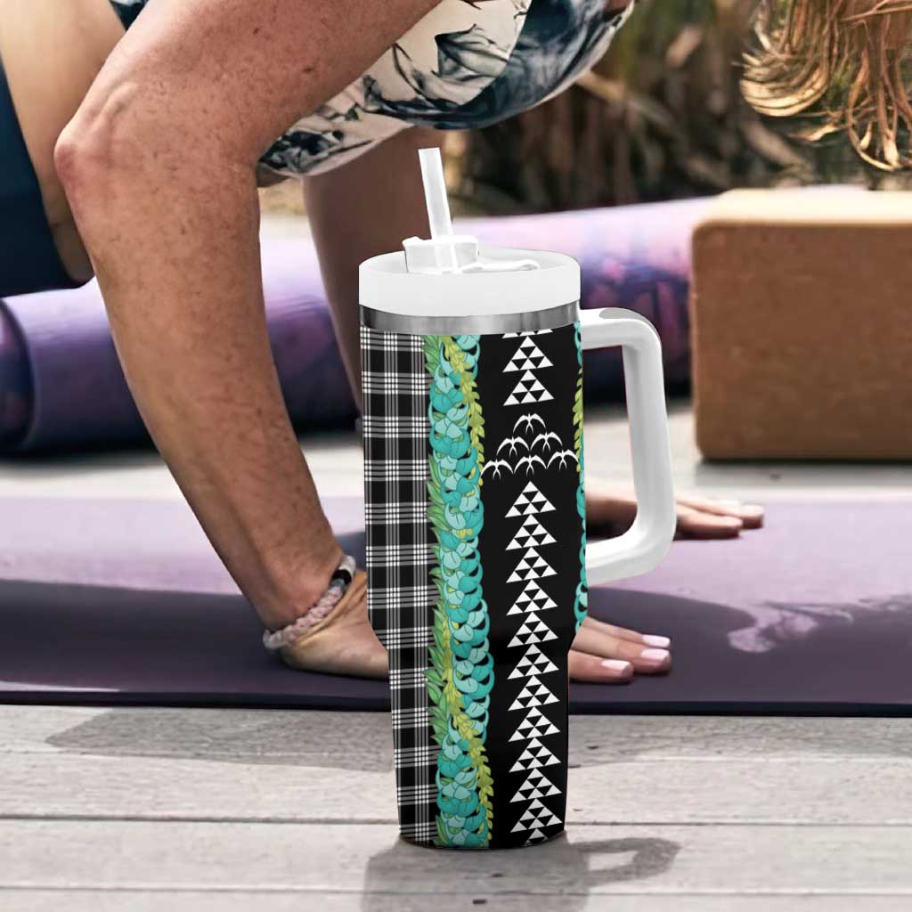 Black Palaka Hawaii Iwa Bird Tumbler With Handle Hawaiian Kakau Jade Vine Lei LT14 - Polynesian Pride
