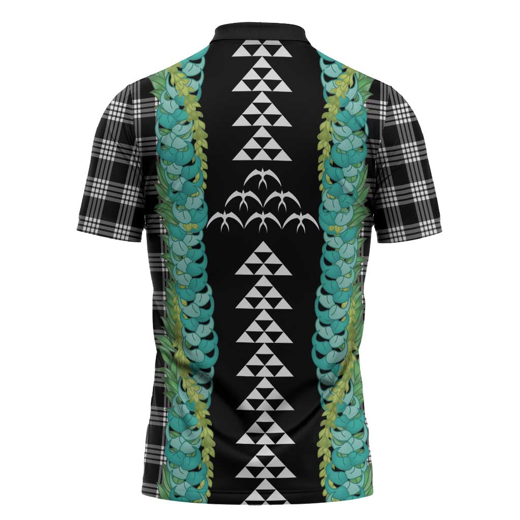 Black Palaka Hawaii Iwa Bird Zipper Polo Shirt Hawaiian Kakau Jade Vine Lei - Polynesian Pride