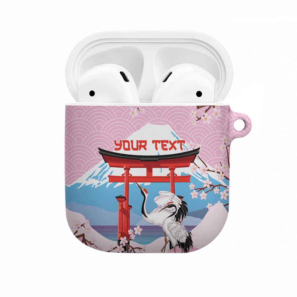 Japanese Torii Gate Cranes Personalised AirPods Case Fuji Mount Sakura Seigaiha Pattern