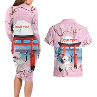 Japanese Torii Gate Cranes Personalised Couples Matching Long Sleeve Bodycon Dress and Hawaiian Shirt Fuji Mount Sakura Seigaiha Pattern