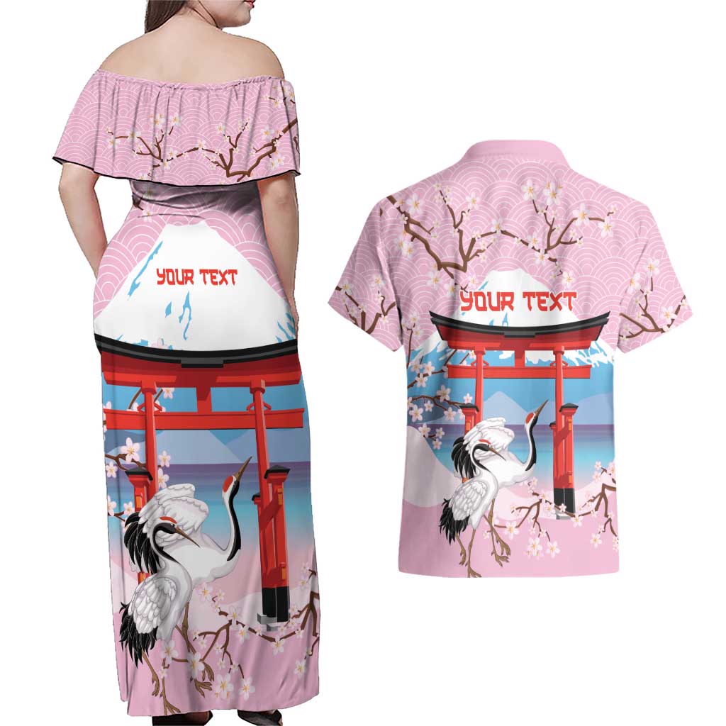 Japanese Torii Gate Cranes Personalised Couples Matching Off Shoulder Maxi Dress and Hawaiian Shirt Fuji Mount Sakura Seigaiha Pattern